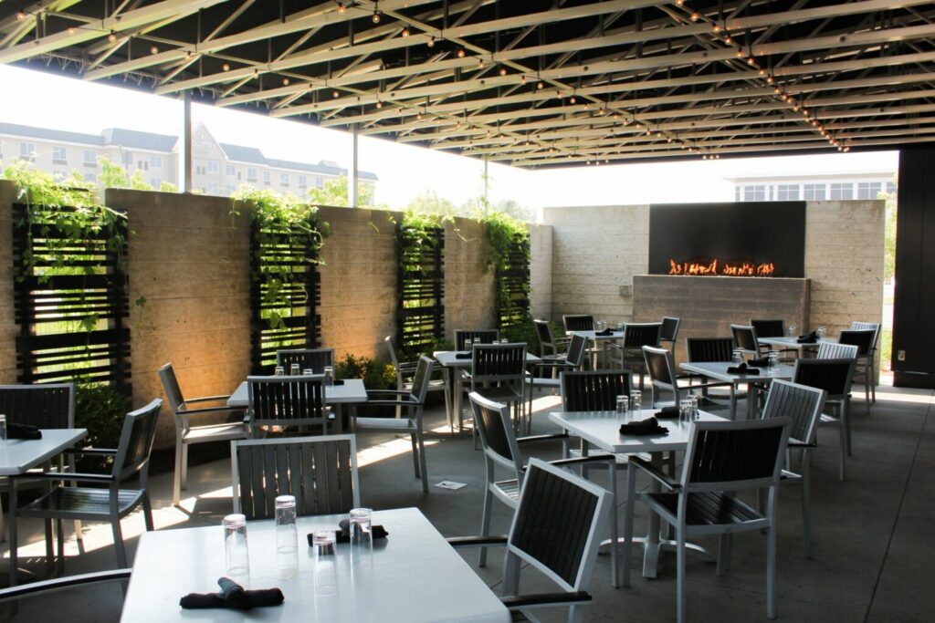Outdoor covered patio at Gravity Taphouse and Grille in Grand Rapids. 